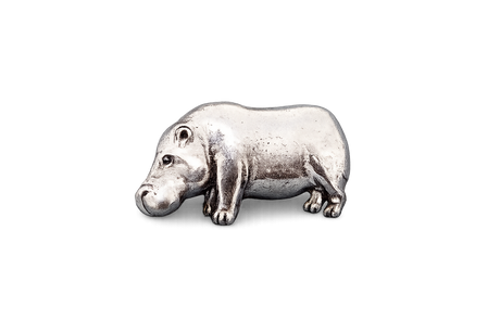 Detailed pewter Hippopotamus (Hippo) pin badge with butterfly clutch fastening on a white background.