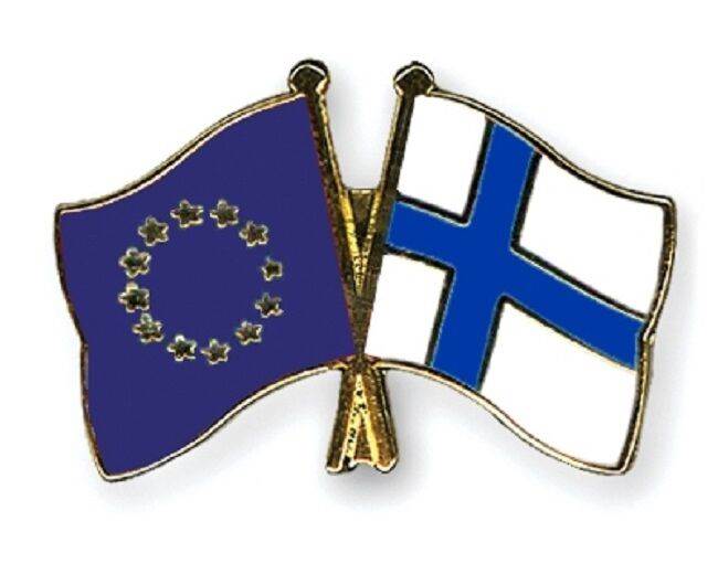 EU European Union & Finland Flags Friendship Courtesy Enamel Lapel Pin Badge image 0