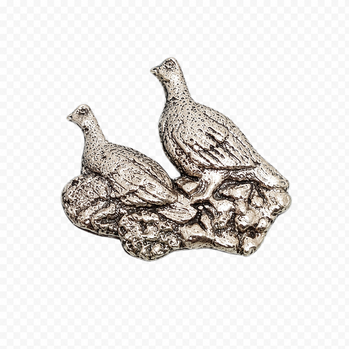 Handcrafted pewter Grouse Pair pin badge featuring two British game birds standing amongst heather.