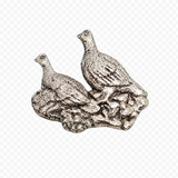 Handcrafted pewter Grouse Pair pin badge featuring two British game birds standing amongst heather.