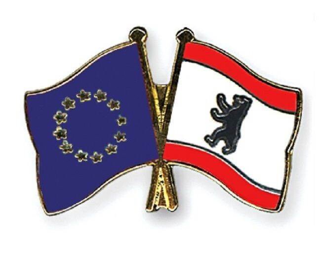 EU European Union & Berlin Flags Friendship Courtesy Enamel Lapel Pin Badge image 0