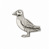 Handcrafted pewter puffin pin badge with detailed beak, wings and feather design