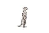 Detailed pewter Meerkat pin badge standing upright with butterfly clutch fastening on a white background.