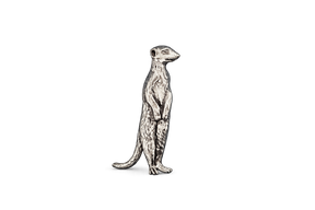 Detailed pewter Meerkat pin badge standing upright with butterfly clutch fastening on a white background.