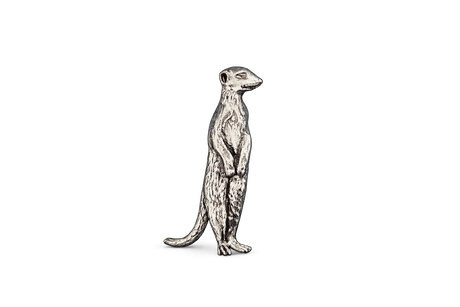 Detailed pewter Meerkat pin badge standing upright with butterfly clutch fastening on a white background.