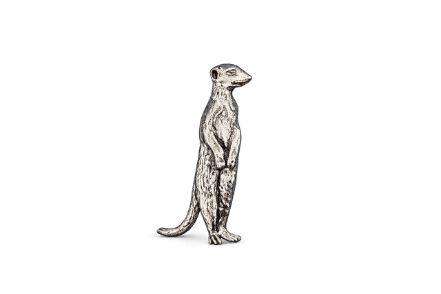 Detailed pewter Meerkat pin badge standing upright with butterfly clutch fastening on a white background.