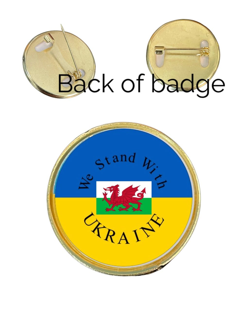 We Stand With Ukraine with Wales Dragon 27mm Metal Lapel Pin Badge Domed Insert image 0