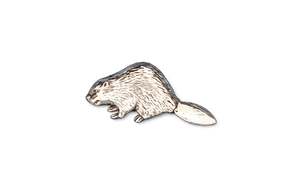 Detailed pewter Beaver pin badge featuring textured fur and a broad tail with butterfly clutch fastening on a white background.