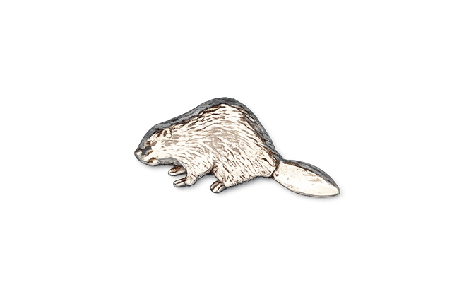 Detailed pewter Beaver pin badge featuring textured fur and a broad tail with butterfly clutch fastening on a white background.