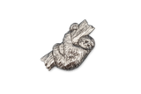 Detailed pewter Sloth pin badge featuring a sloth hugging a tree branch with butterfly clutch fastening on a white background.