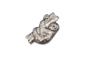 Detailed pewter Sloth pin badge featuring a sloth hugging a tree branch with butterfly clutch fastening on a white background.