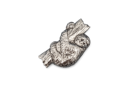 Detailed pewter Sloth pin badge featuring a sloth hugging a tree branch with butterfly clutch fastening on a white background.
