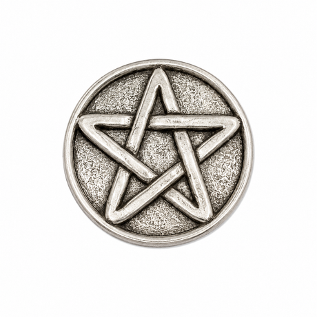 Pewter pentacle pin badge with five-pointed star inside a circle