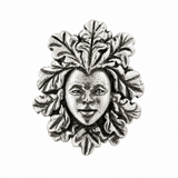 Green Lady pewter pin badge with female face surrounded by leaves