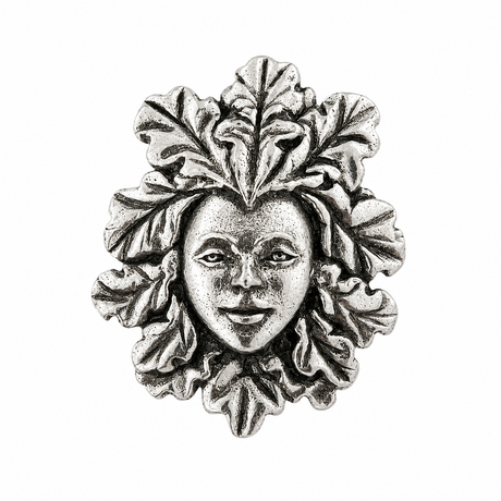 Green Lady pewter pin badge with female face surrounded by leaves