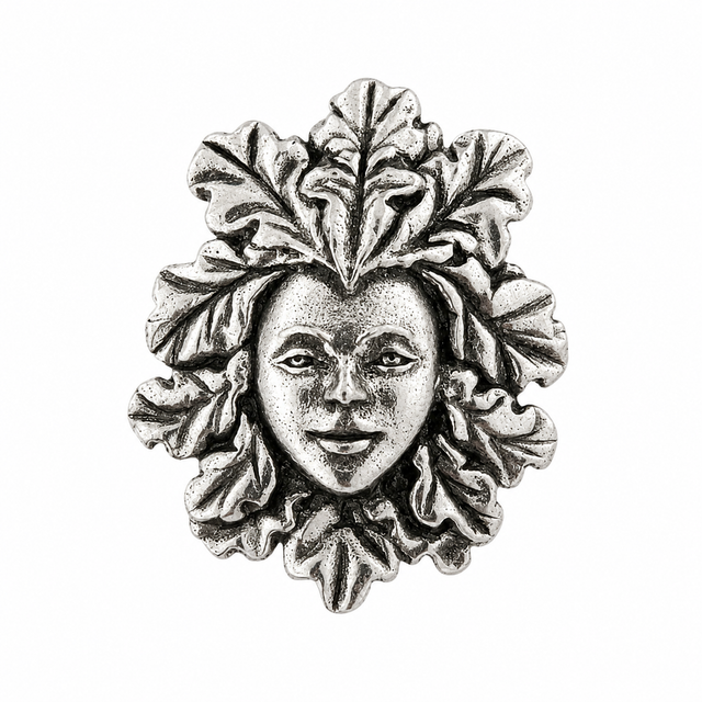 Green Lady pewter pin badge with female face surrounded by leaves