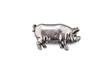 Detailed pewter pig pin badge with butterfly clutch fastening on a white background.