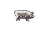 Detailed pewter pig pin badge with butterfly clutch fastening on a white background.