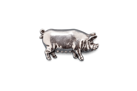 Detailed pewter pig pin badge with butterfly clutch fastening on a white background.