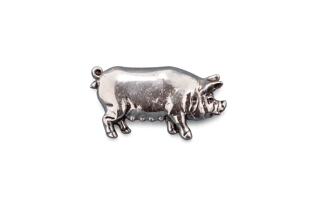 Detailed pewter pig pin badge with butterfly clutch fastening on a white background.