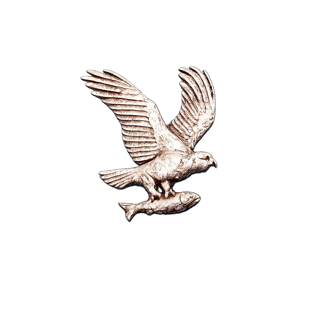 Handcrafted pewter osprey pin badge featuring an osprey in flight carrying a fish.