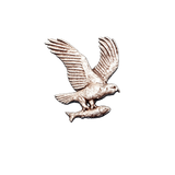 Handcrafted pewter osprey pin badge featuring an osprey in flight carrying a fish.