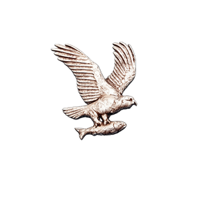 Handcrafted pewter osprey pin badge featuring an osprey in flight carrying a fish.