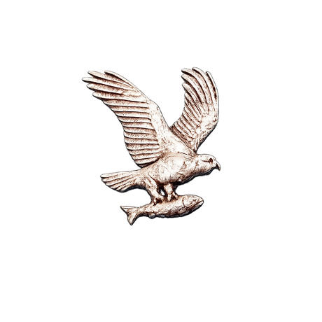 Handcrafted pewter osprey pin badge featuring an osprey in flight carrying a fish.