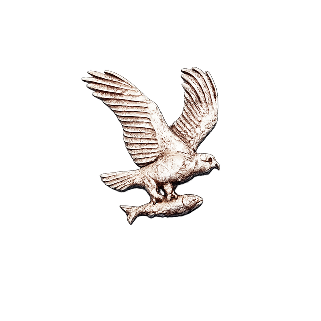 Handcrafted pewter osprey pin badge featuring an osprey in flight carrying a fish.