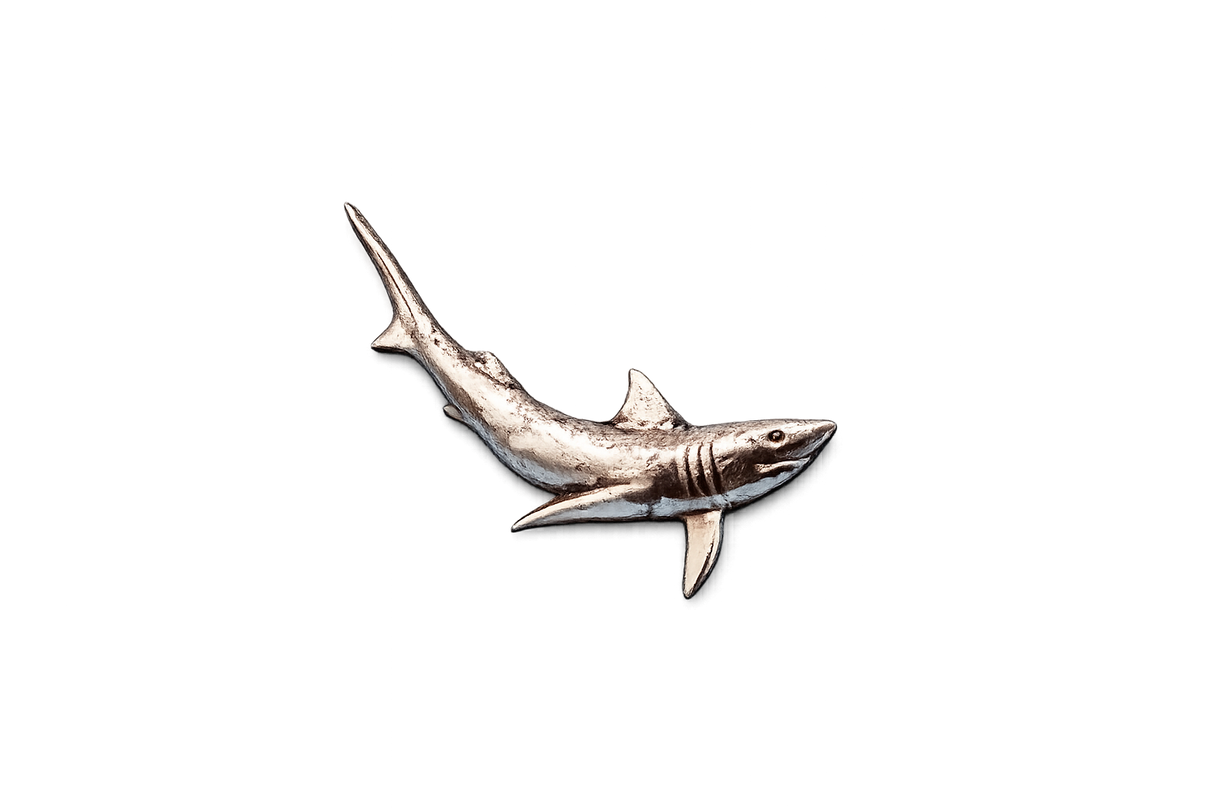Handcrafted pewter blue shark pin badge featuring a detailed marine life design with butterfly clutch fastening on a white background.