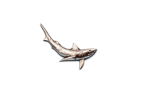 Handcrafted pewter blue shark pin badge featuring a detailed marine life design with butterfly clutch fastening on a white background.