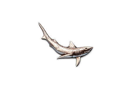 Handcrafted pewter blue shark pin badge featuring a detailed marine life design with butterfly clutch fastening on a white background.
