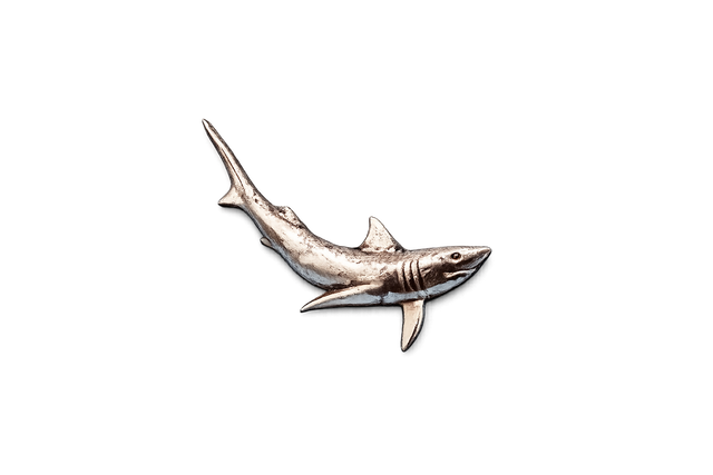 Handcrafted pewter blue shark pin badge featuring a detailed marine life design with butterfly clutch fastening on a white background.