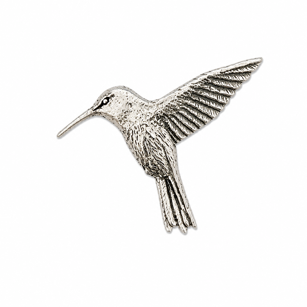 Handcrafted pewter hummingbird pin badge featuring a detailed hummingbird in flight with outstretched wings