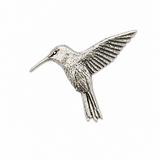 Handcrafted pewter hummingbird pin badge featuring a detailed hummingbird in flight with outstretched wings