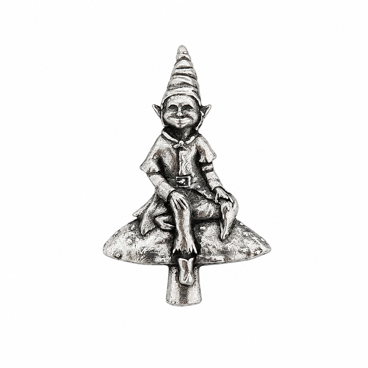 Cornish Piskie pewter pin badge sitting on a mushroom Cornwall folklore