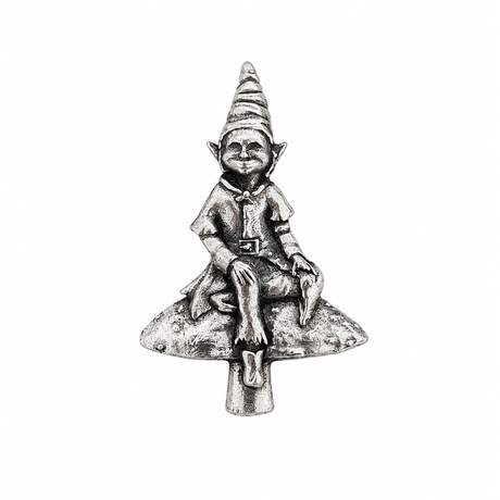 Cornish Piskie pewter pin badge sitting on a mushroom Cornwall folklore