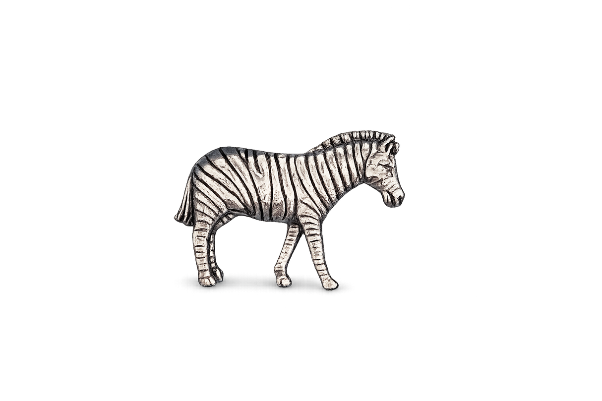 Detailed pewter Zebra pin badge with butterfly clutch fastening on a white background.