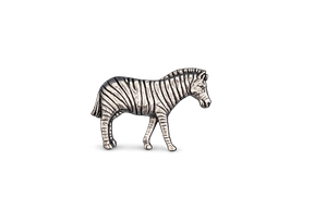 Detailed pewter Zebra pin badge with butterfly clutch fastening on a white background.