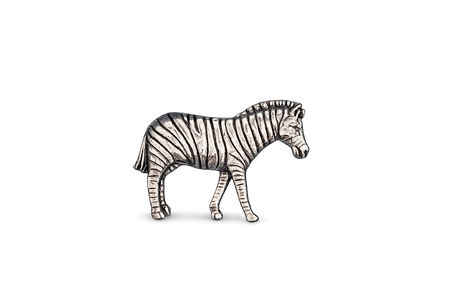 Detailed pewter Zebra pin badge with butterfly clutch fastening on a white background.