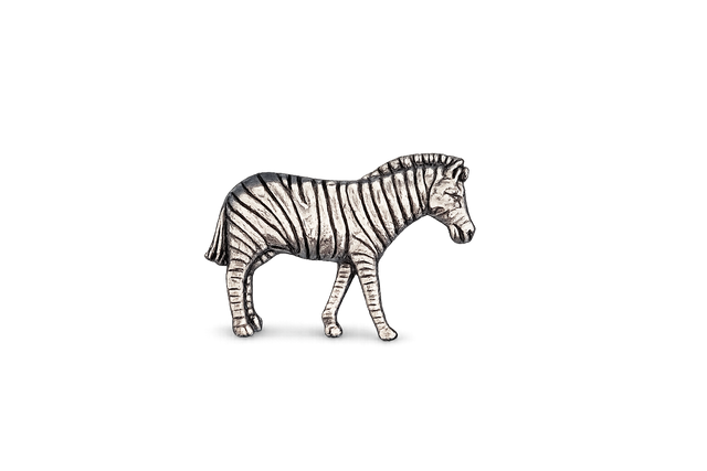 Detailed pewter Zebra pin badge with butterfly clutch fastening on a white background.