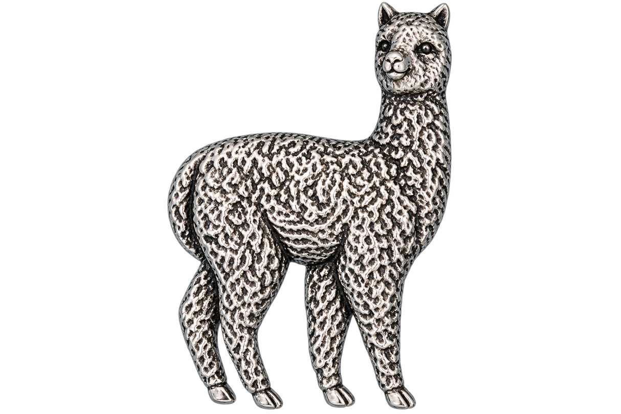 Detailed pewter Alpaca pin badge with textured fleece and butterfly clutch fastening on a white background.