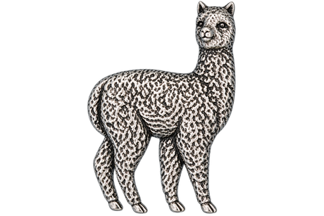 Detailed pewter Alpaca pin badge with textured fleece and butterfly clutch fastening on a white background.