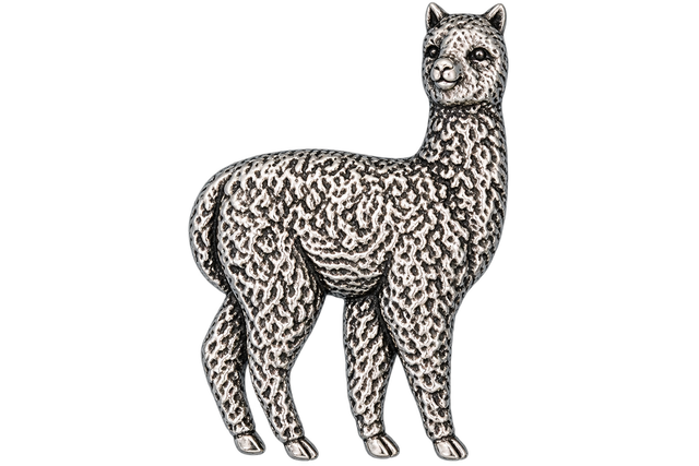 Detailed pewter Alpaca pin badge with textured fleece and butterfly clutch fastening on a white background.