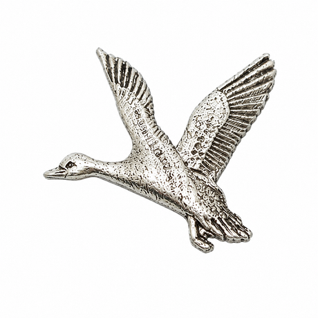 Handcrafted pewter Flying Mallard Duck pin badge featuring a British wild duck in flight.