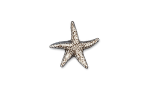 Detailed pewter Starfish pin badge featuring a textured five-armed sea star design with butterfly clutch fastening on a white background.