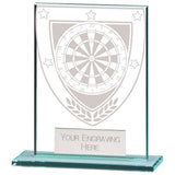 Personalised clear glass darts award with engraved plate and darts design on a polished glass base