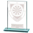 Personalised clear glass darts award with engraved plate and darts design on a polished glass base