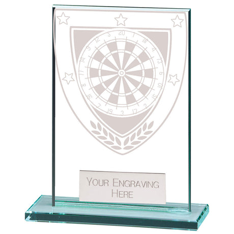 Personalised clear glass darts award with engraved plate and darts design on a polished glass base