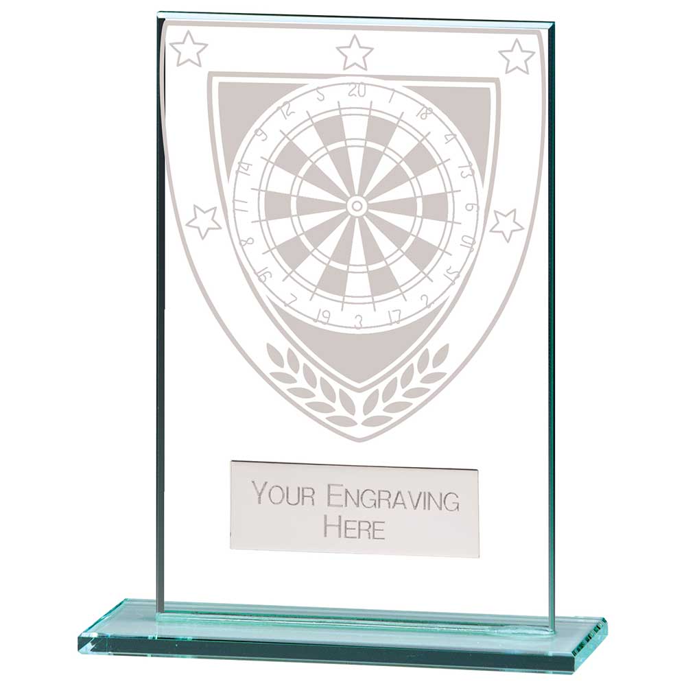 Personalised clear glass darts award with engraved plate and darts design on a polished glass base
